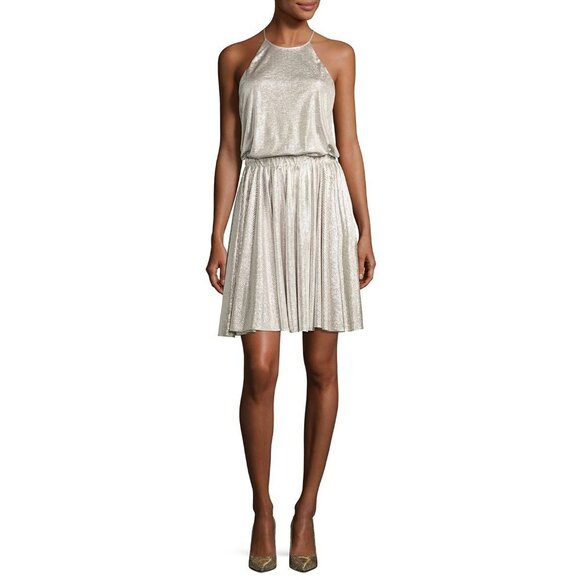 HALSTON HERITAGE Silver Metallic Halter Cocktail Dress sz. XSmall - Picture 1 of 6